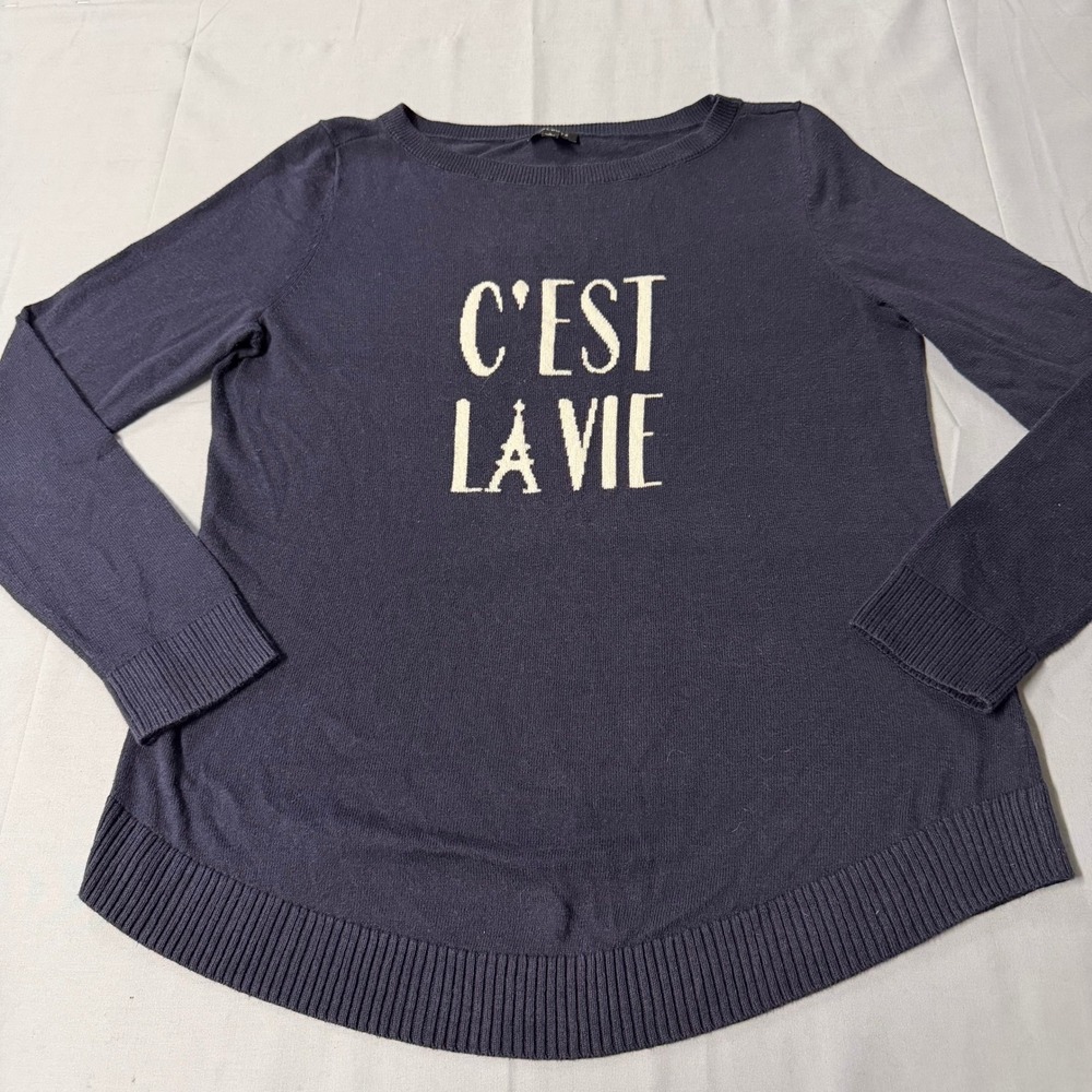 Talbots‎ Navy Blue C'EST LA VIE Eiffel Tower Graphic Knit Sweater Womens Small